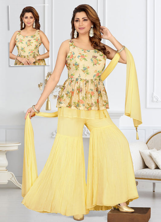 Palazzo Salwar Suit Georgette Yellow Floral Patch Salwar Kameez