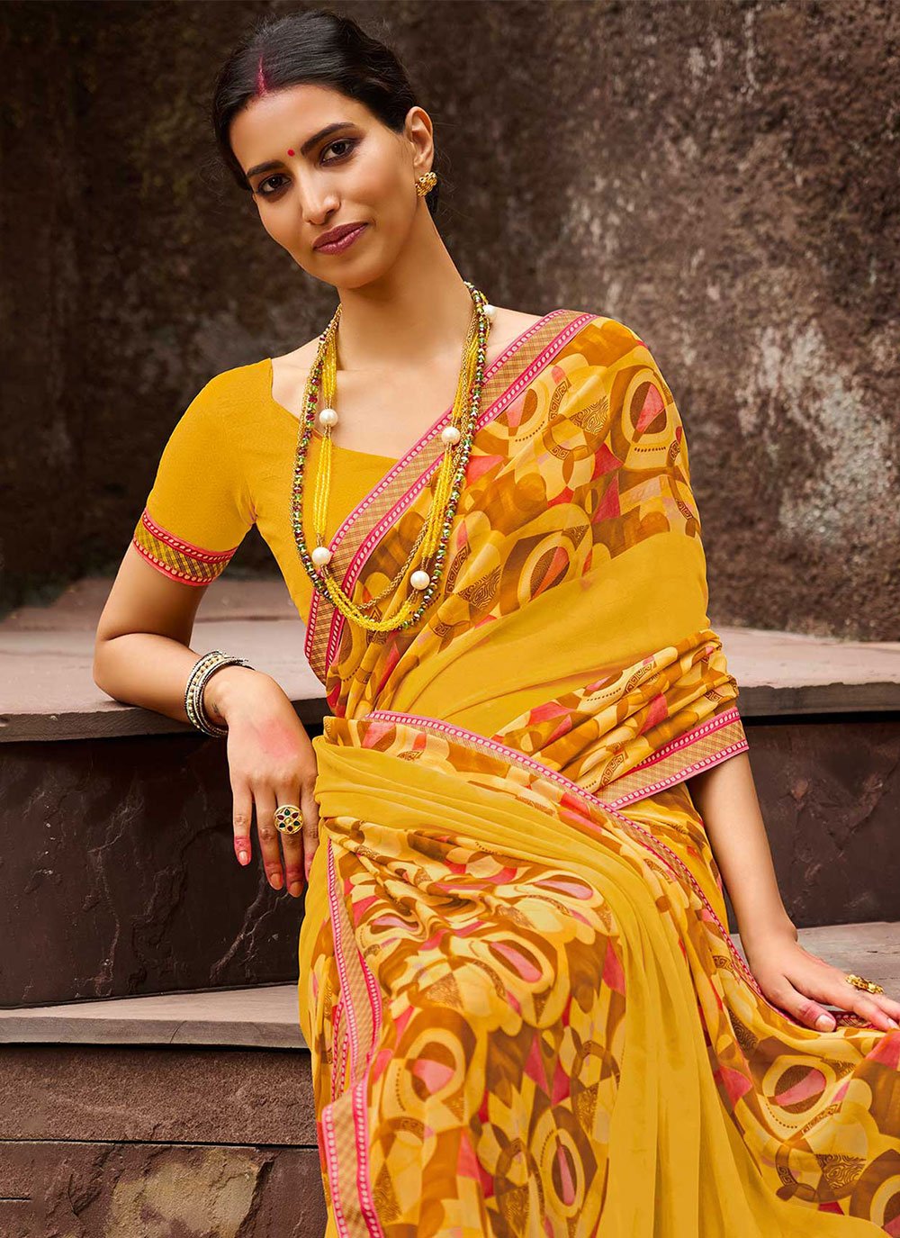 Designer Georgette Yellow Print Saree