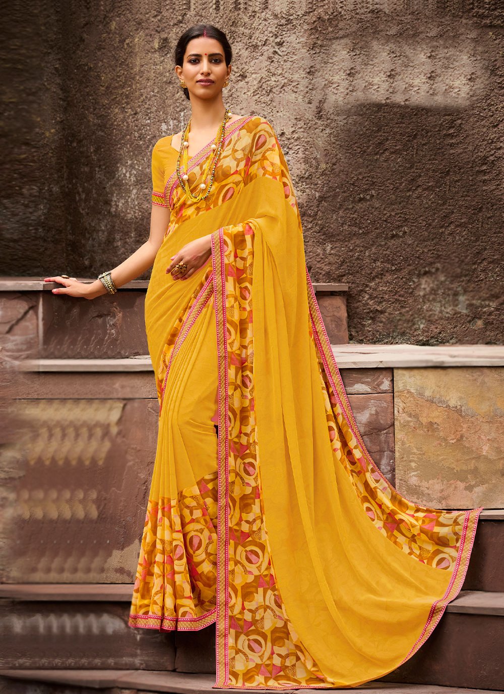 Designer Georgette Yellow Print Saree