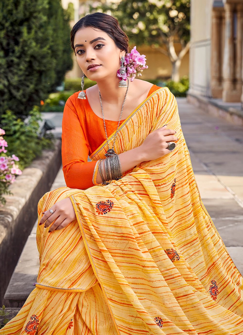 Classic Georgette Mustard Print Saree