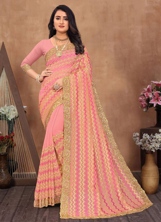 Designer Georgette Pink Lace Saree