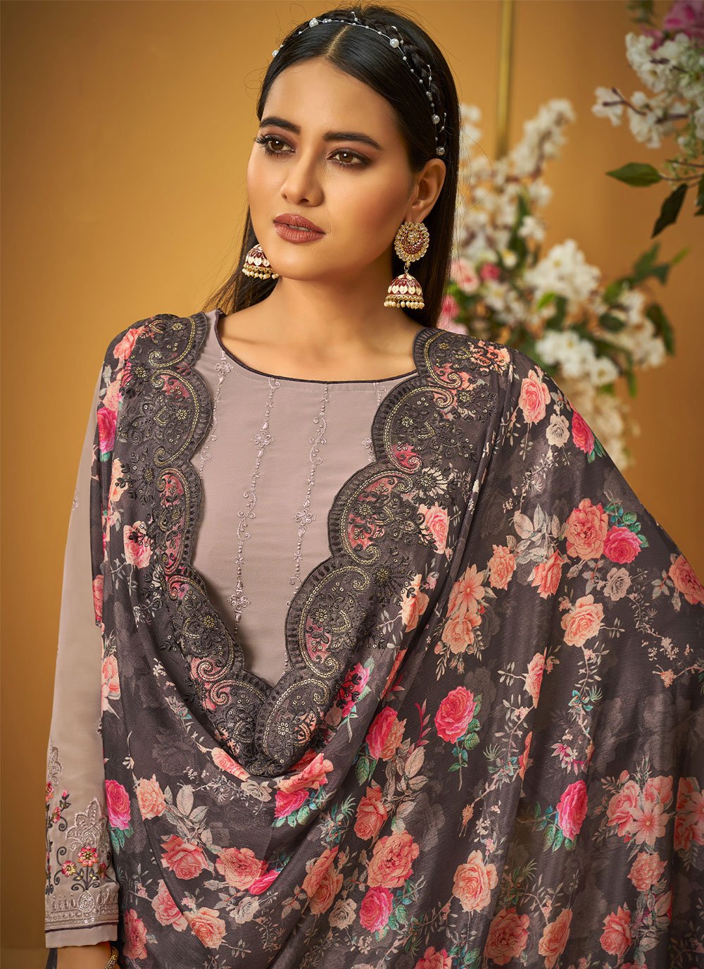 Palazzo Salwar Suit Georgette Mauve Embroidered Salwar Kameez