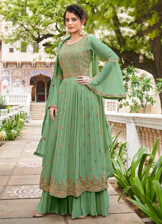 Palazzo Salwar Suit Georgette Green Embroidered Salwar Kameez