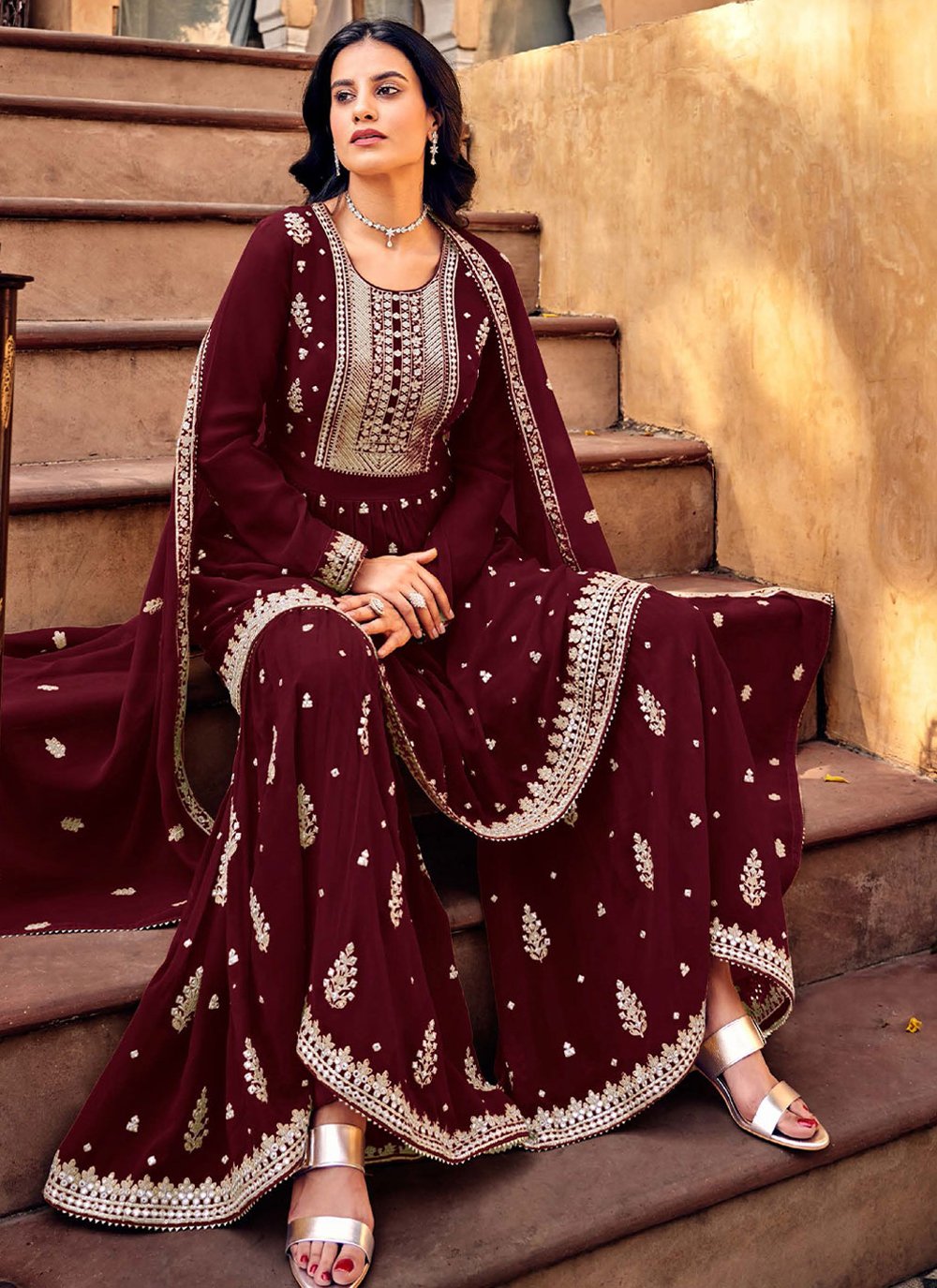 Salwar Suit Georgette Maroon Embroidered Salwar Kameez