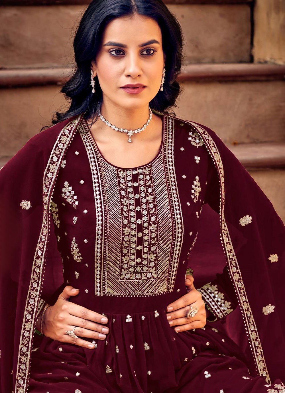 Salwar Suit Georgette Maroon Embroidered Salwar Kameez