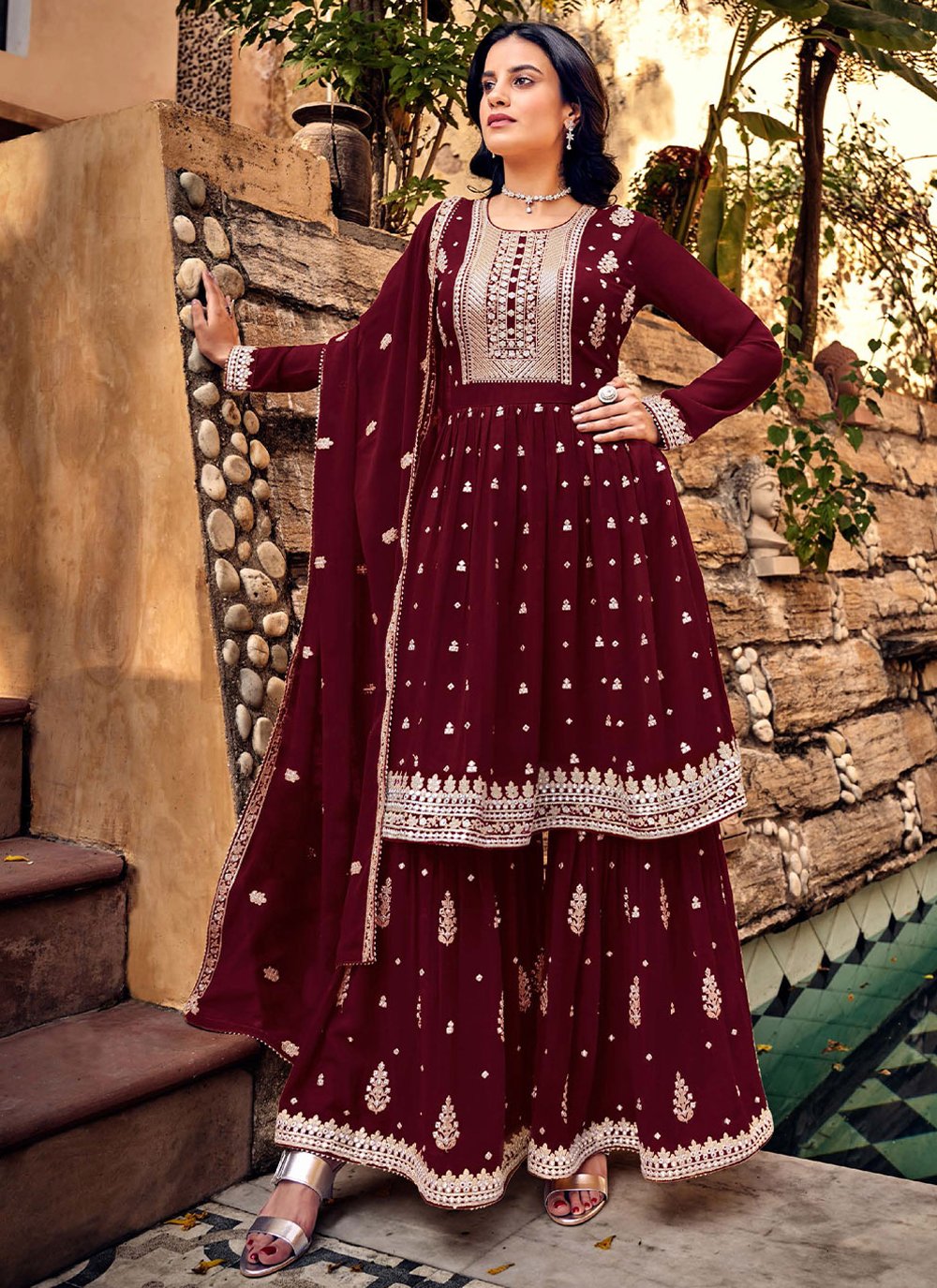 Salwar Suit Georgette Maroon Embroidered Salwar Kameez