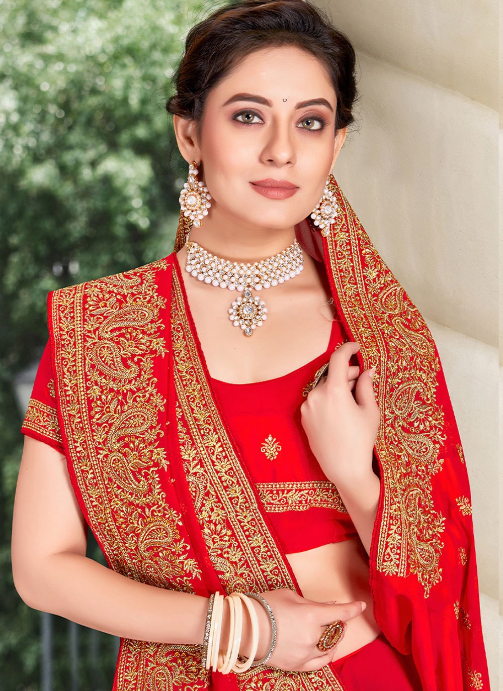 Classic Georgette Red Embroidered Saree