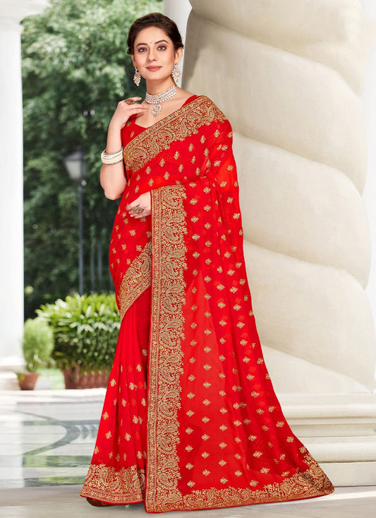 Classic Georgette Red Embroidered Saree