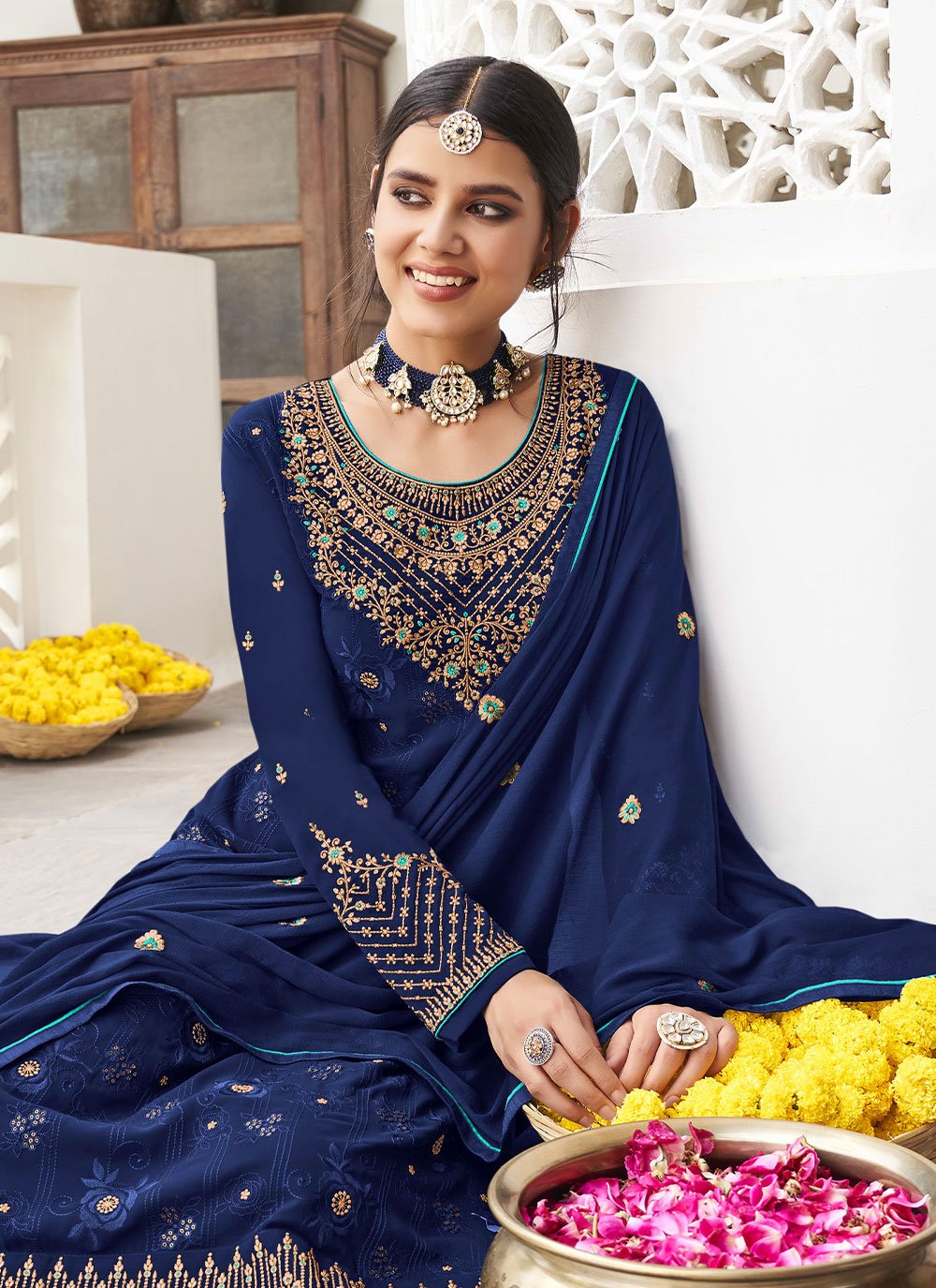 Salwar Suit Georgette Blue Embroidered Salwar Kameez