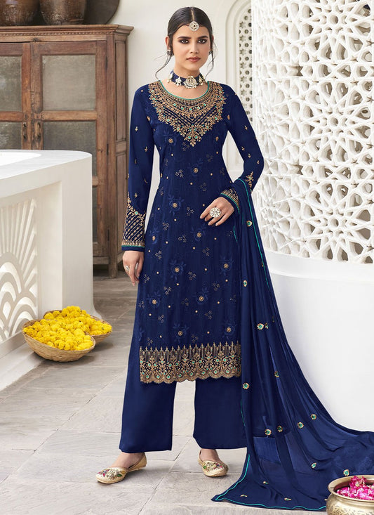 Salwar Suit Georgette Blue Embroidered Salwar Kameez