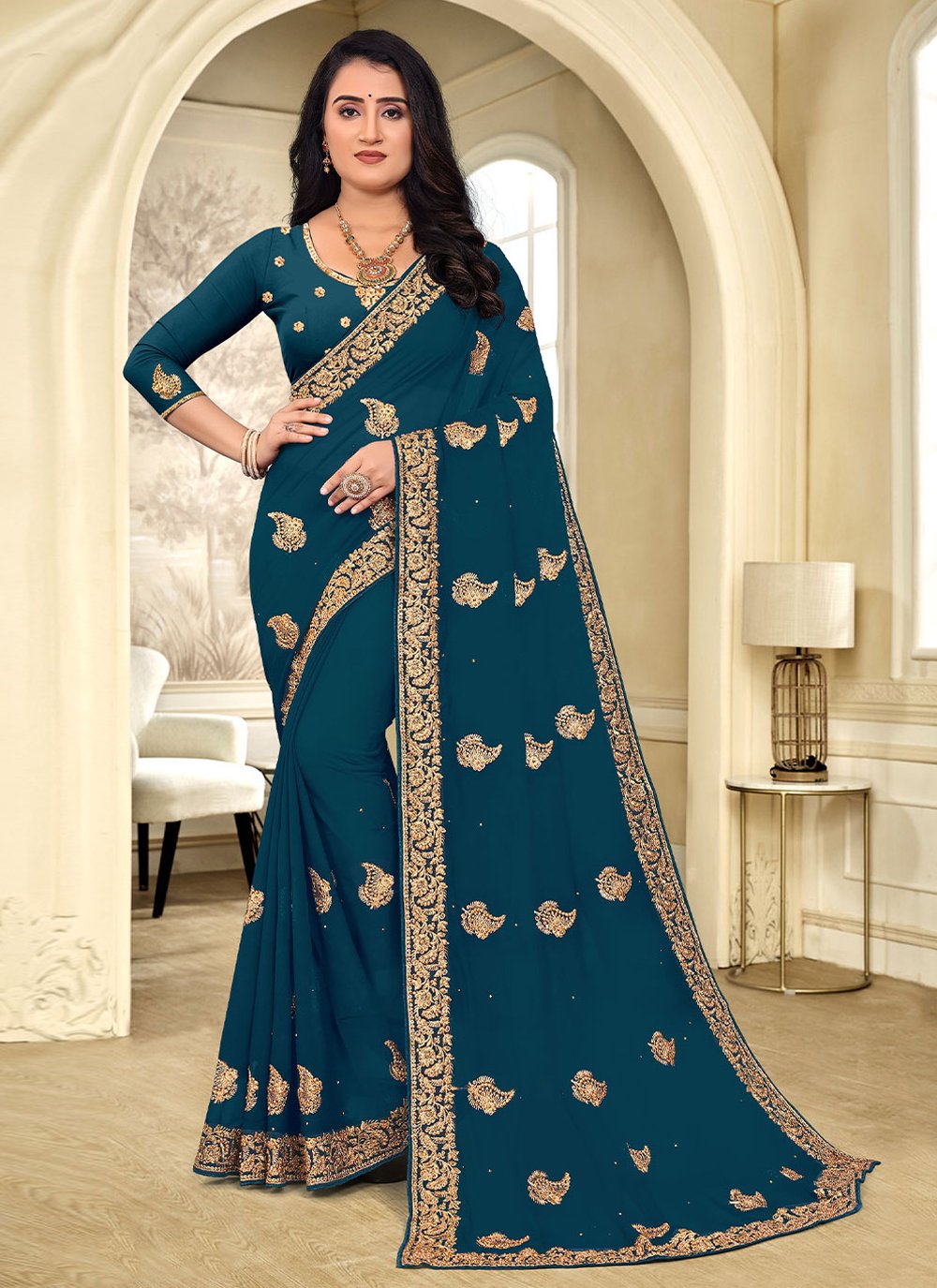 Trendy Saree Georgette Blue Stone Saree