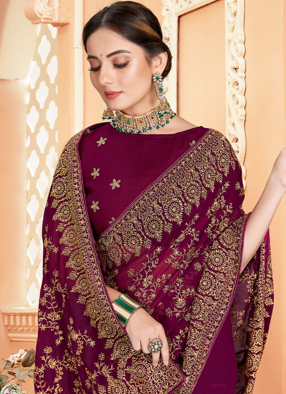 Trendy Saree Georgette Wine Embroidered Saree