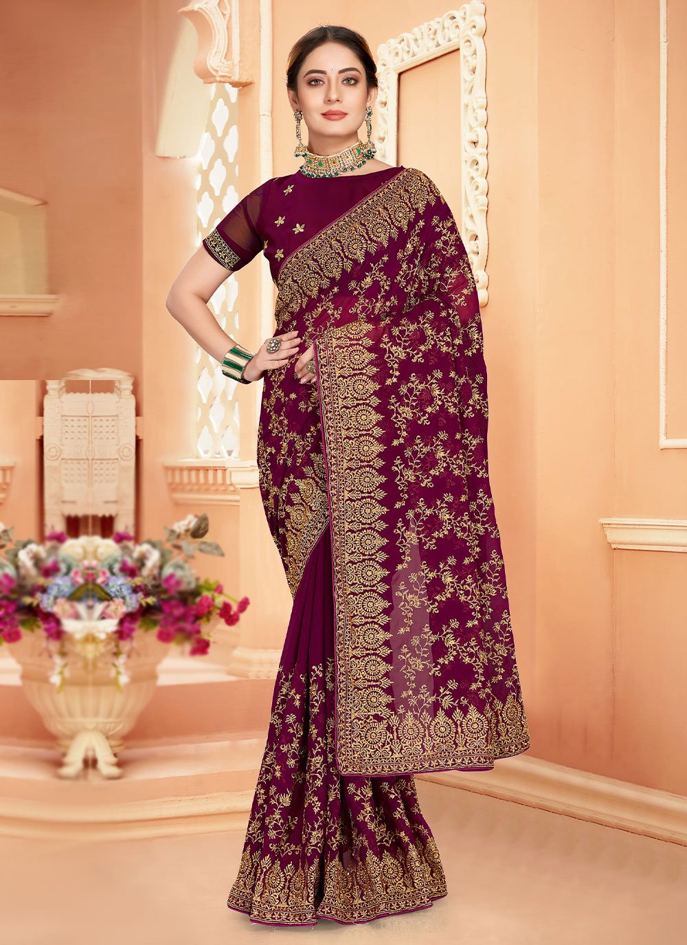 Trendy Saree Georgette Wine Embroidered Saree