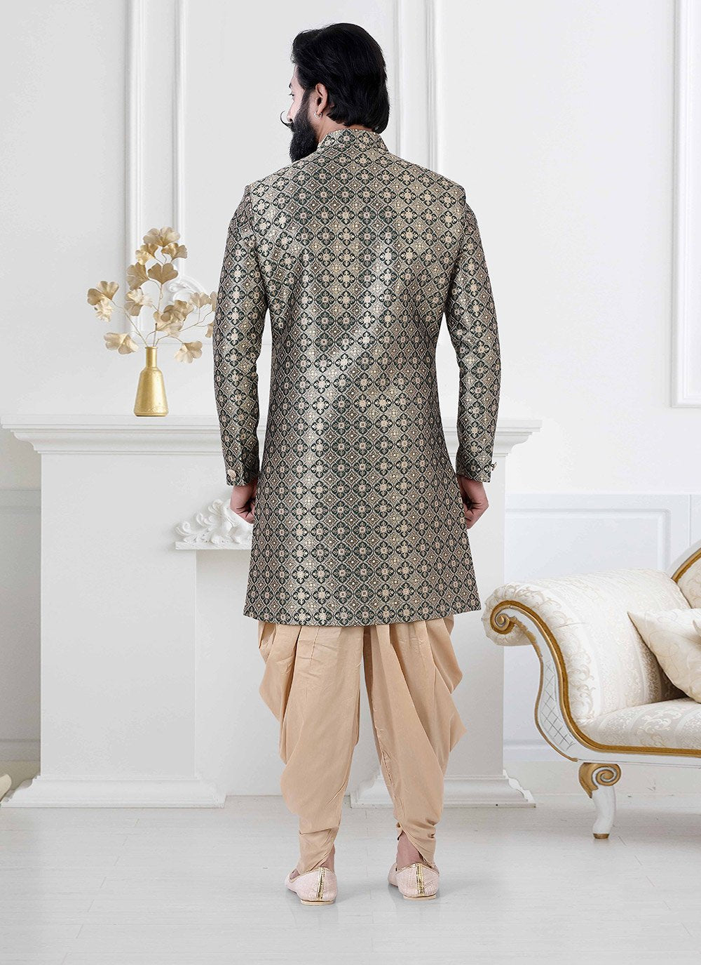 Indo Western Jacquard Gold Green Embroidered Mens