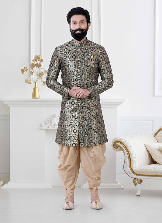 Indo Western Jacquard Gold Green Embroidered Mens
