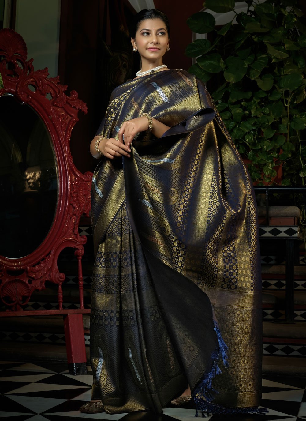 Designer Kanjivaram Silk Blue Gold Weaving Saree