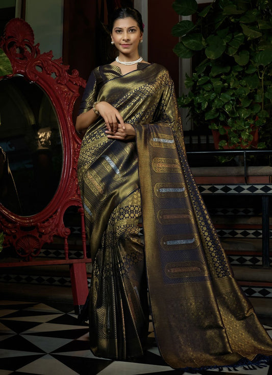 Designer Kanjivaram Silk Blue Gold Weaving Saree