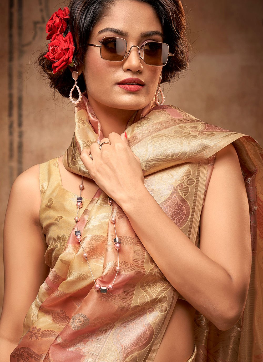 Contemporary Organza Silk Gold Peach Weaving Saree