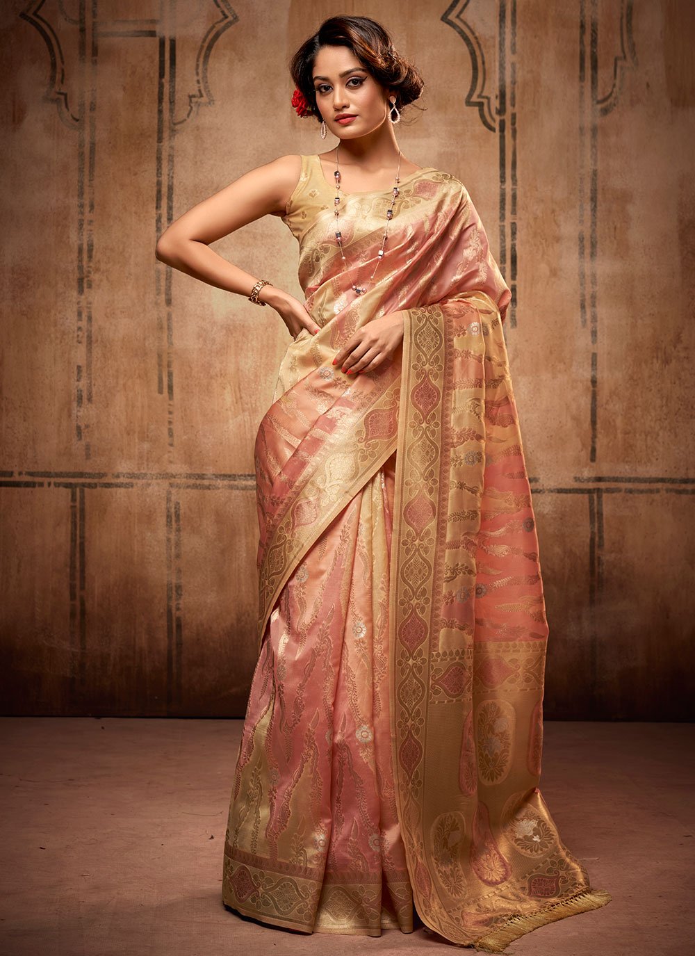 Contemporary Organza Silk Gold Peach Weaving Saree