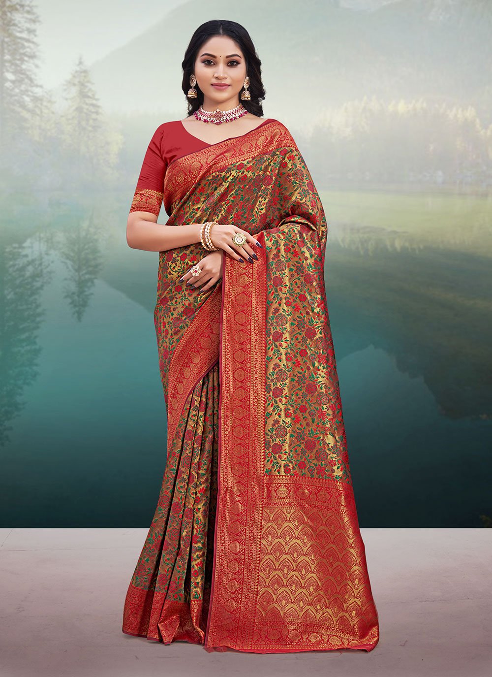 Traditional Saree Banarasi Silk Gold Red Weaving Saree