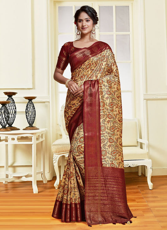 Classic Banarasi Silk Tussar Silk Gold Wine Digital Print Saree