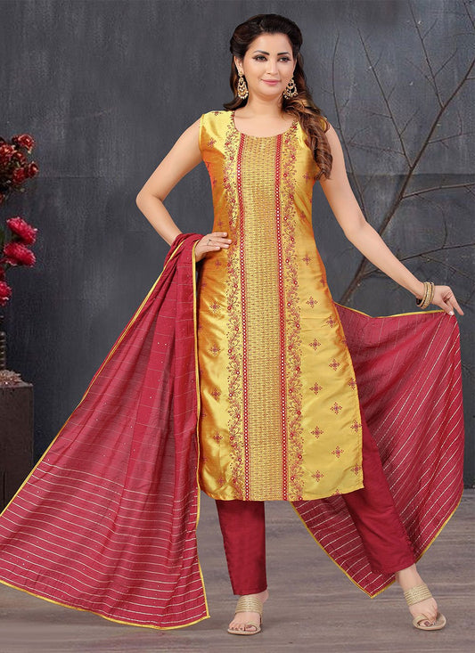 Salwar Suit Art Silk Gold Embroidered Salwar Kameez