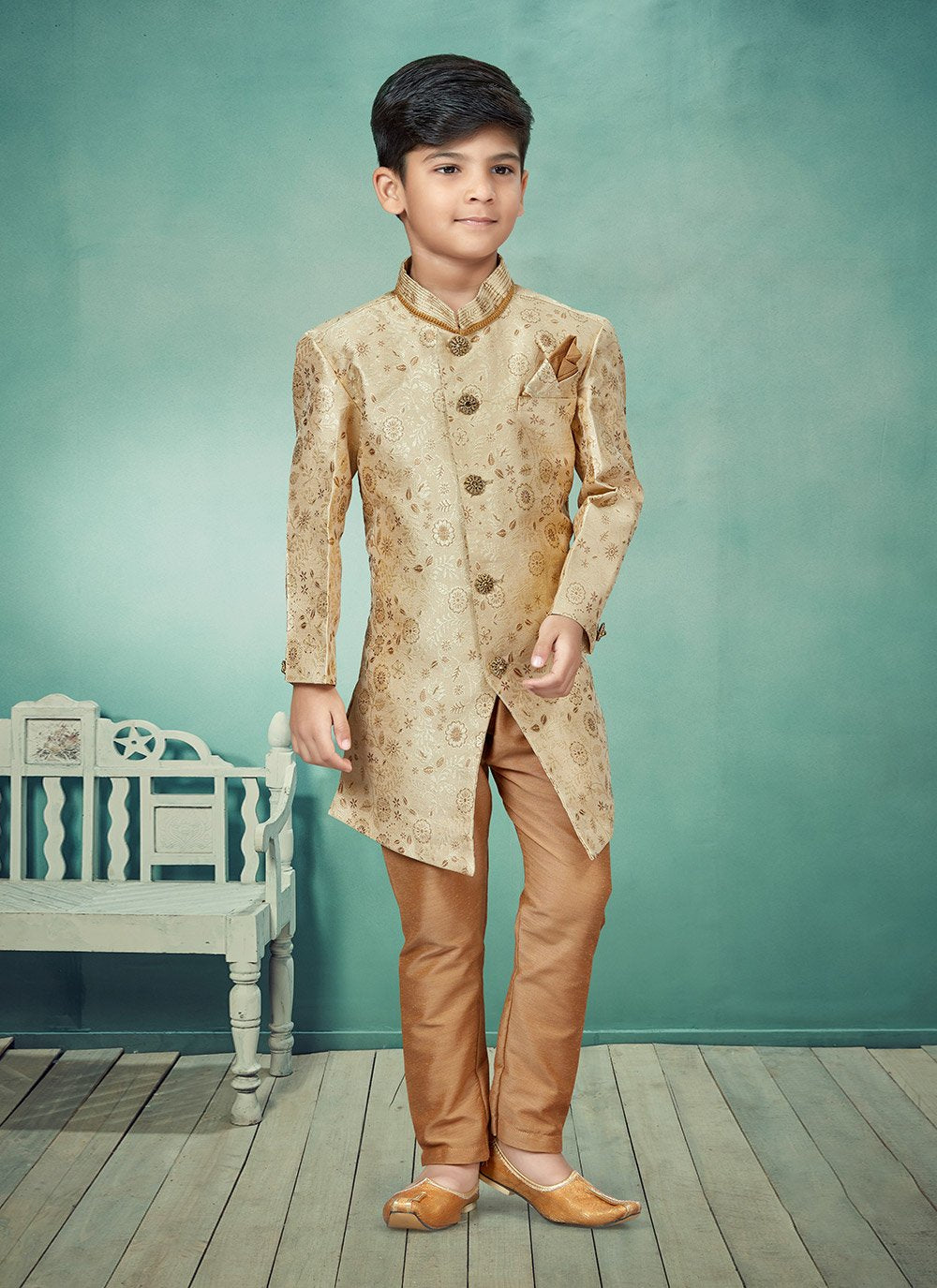 Indo Western Banarasi Jacquard Gold Lace Kids