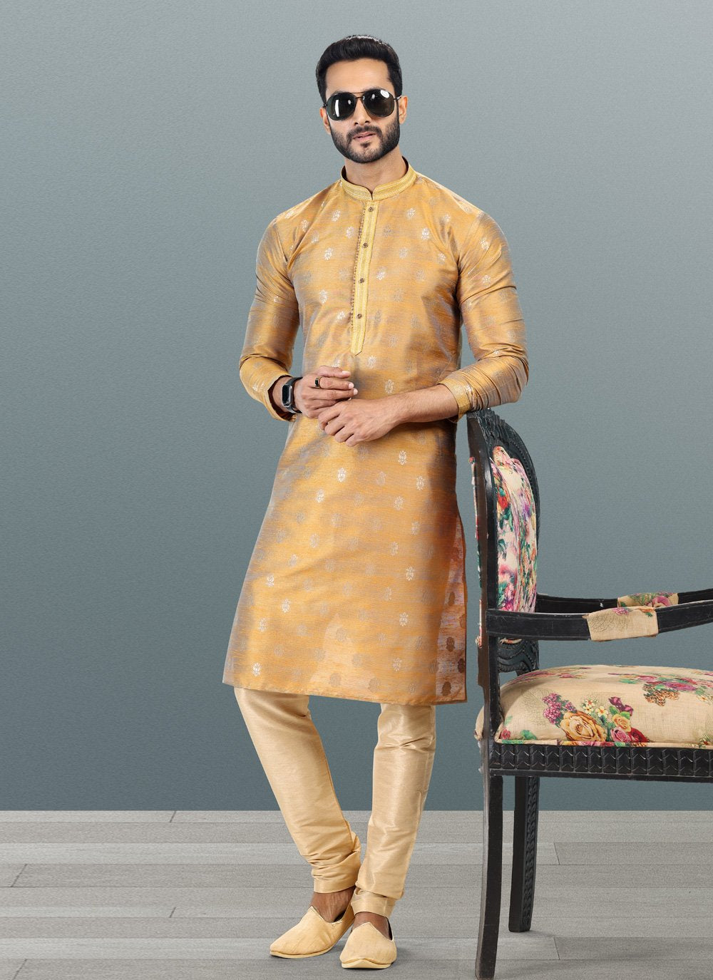 Kurta Pyjama Banarasi Silk Jacquard Gold Fancy Work Mens