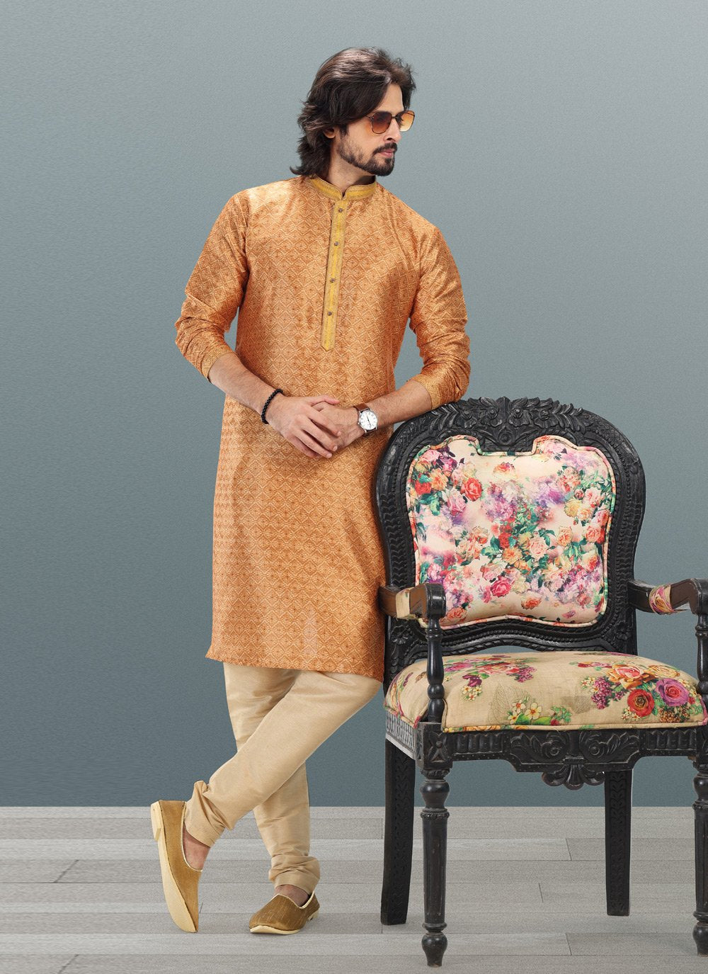 Kurta Pyjama Banarasi Silk Jacquard Gold Fancy Work Mens