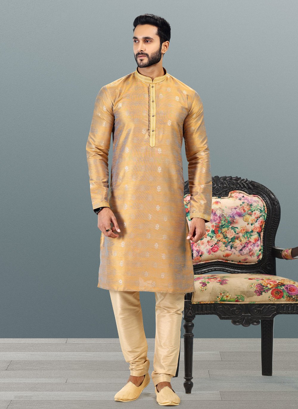 Kurta Pyjama Banarasi Silk Jacquard Gold Fancy Work Mens