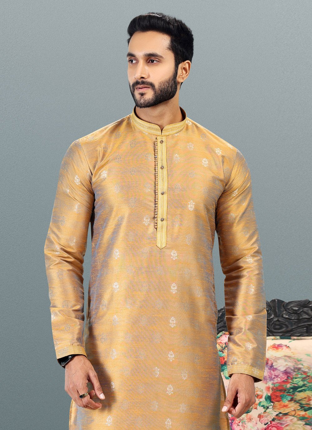 Kurta Pyjama Banarasi Silk Jacquard Gold Fancy Work Mens