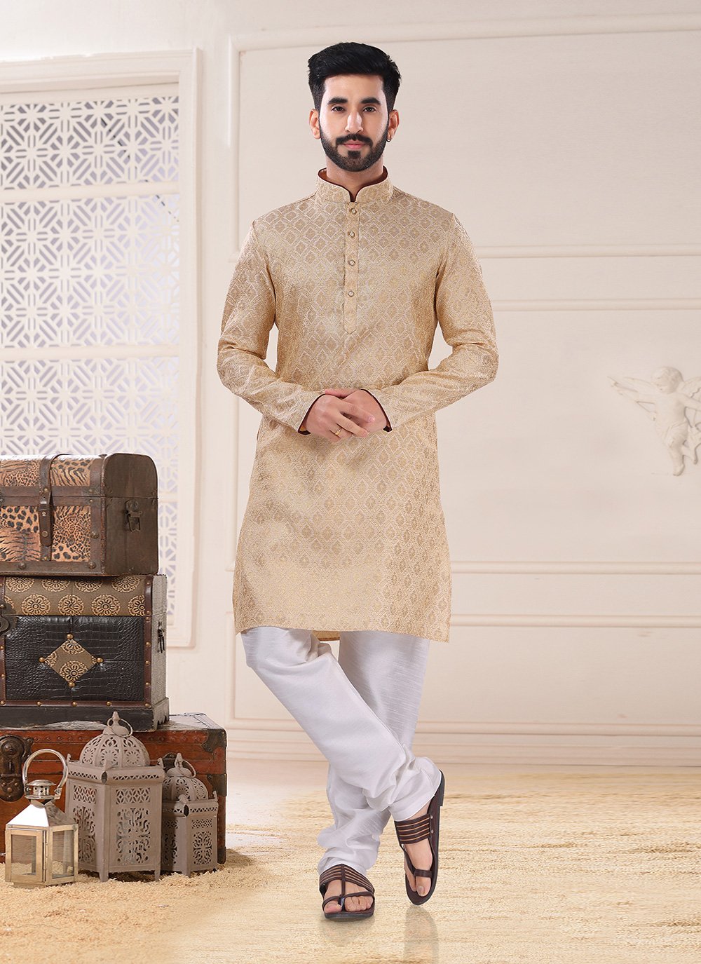 Kurta Pyjama Jacquard Gold Embroidered Mens