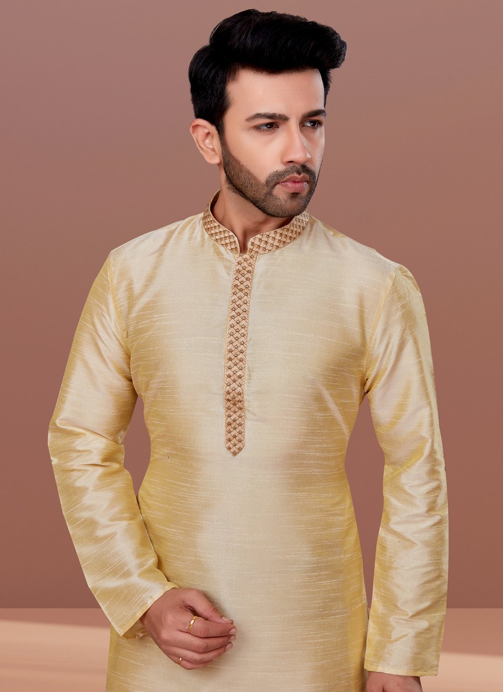 Kurta Pyjama Dupion Silk Gold Embroidered Mens