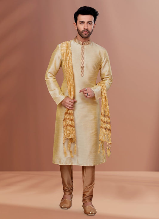 Kurta Pyjama Dupion Silk Gold Embroidered Mens