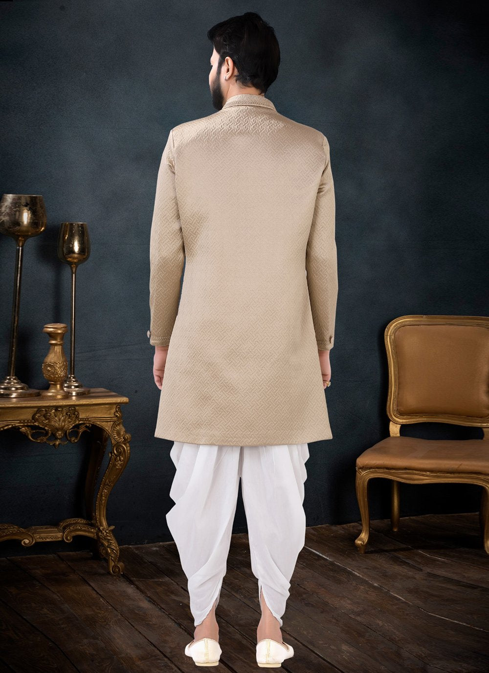 Indo Western Sherwani Jacquard Gold Woven Mens