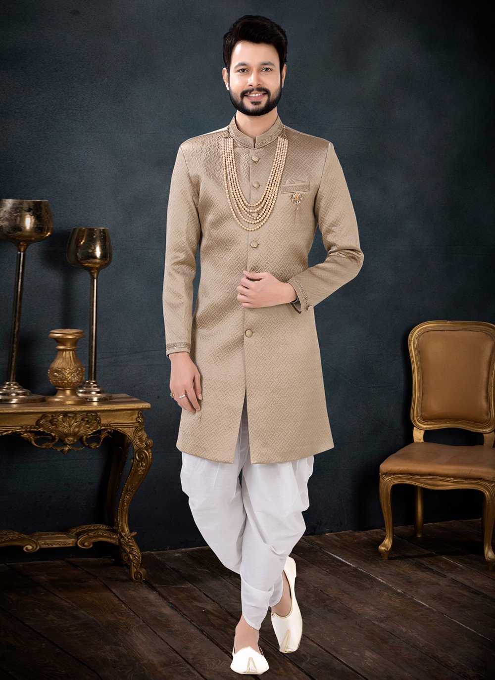 Indo Western Sherwani Jacquard Gold Woven Mens