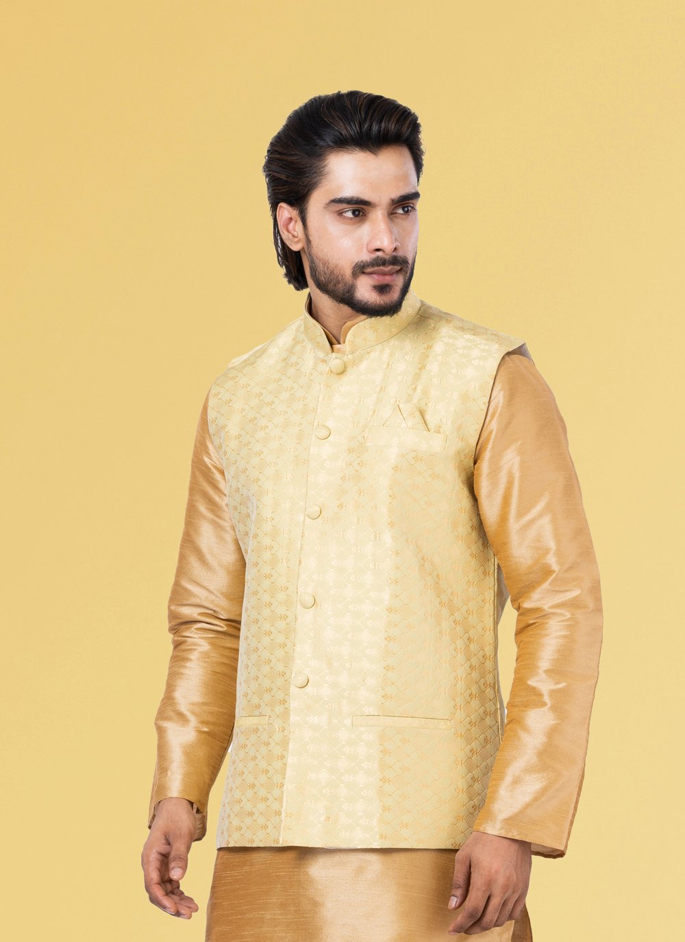 Nehru Jackets Jacquard Silk Gold Embroidered Mens