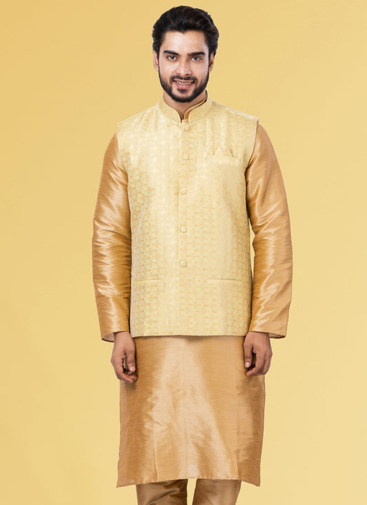 Nehru Jackets Jacquard Silk Gold Embroidered Mens