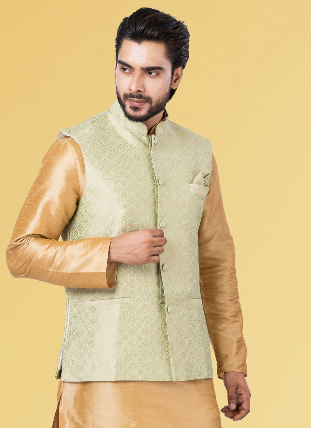 Nehru Jackets Jacquard Silk Gold Embroidered Mens