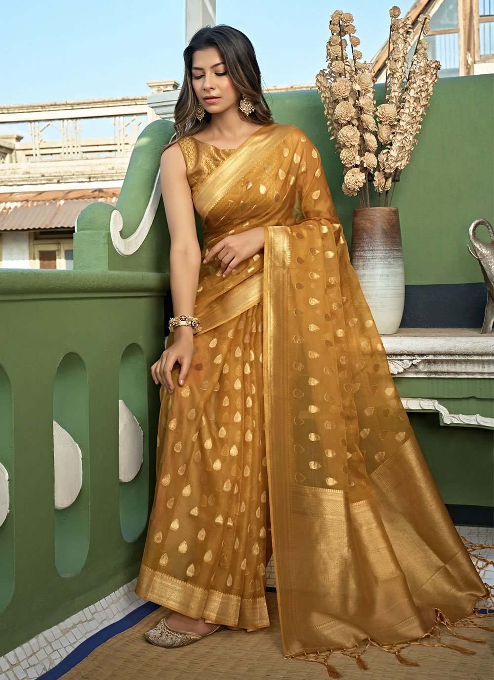 Traditional Saree Organza Silk Gold Weaving Saree