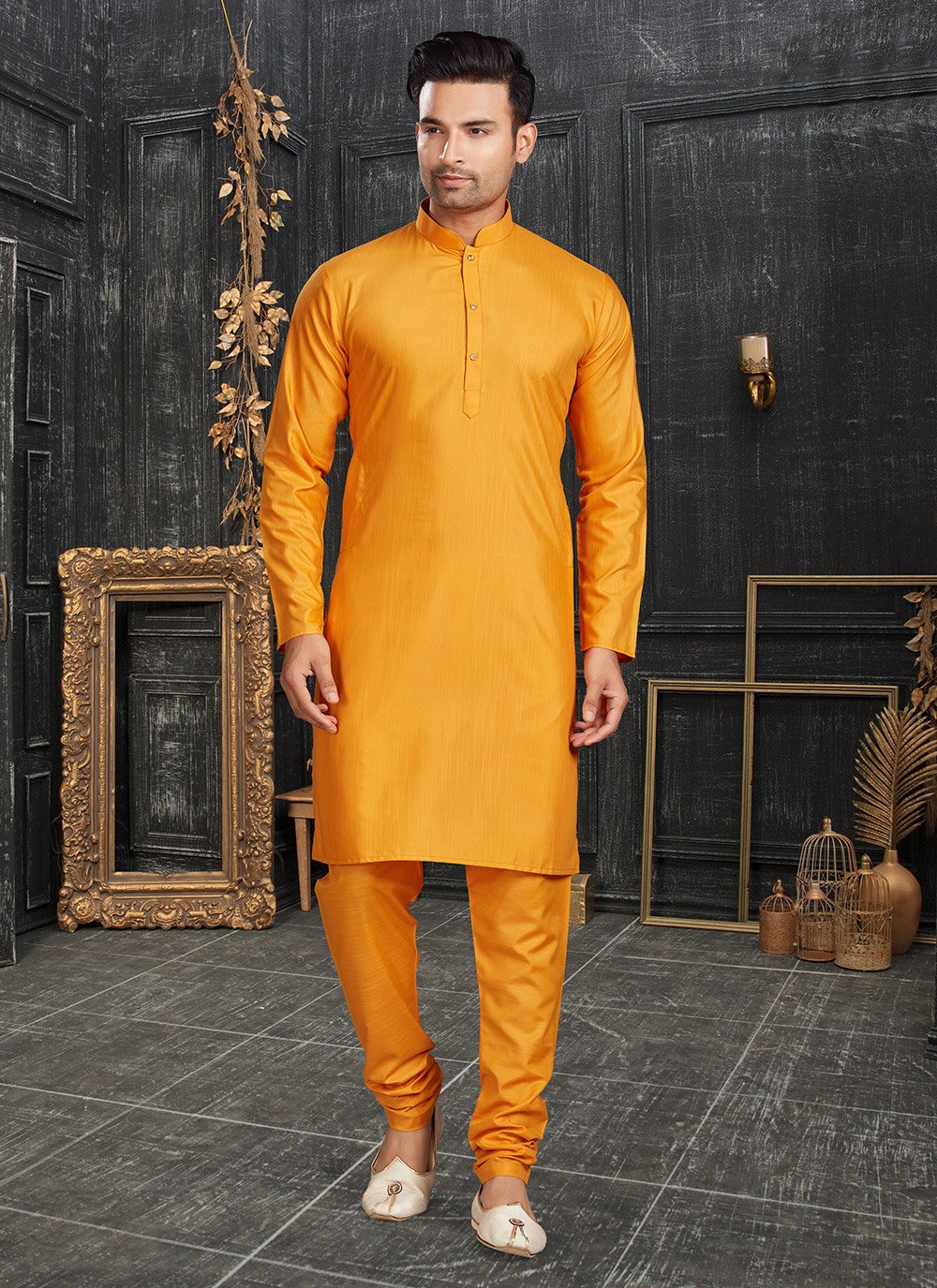 Kurta Pyjama Cotton Gold Plain Mens