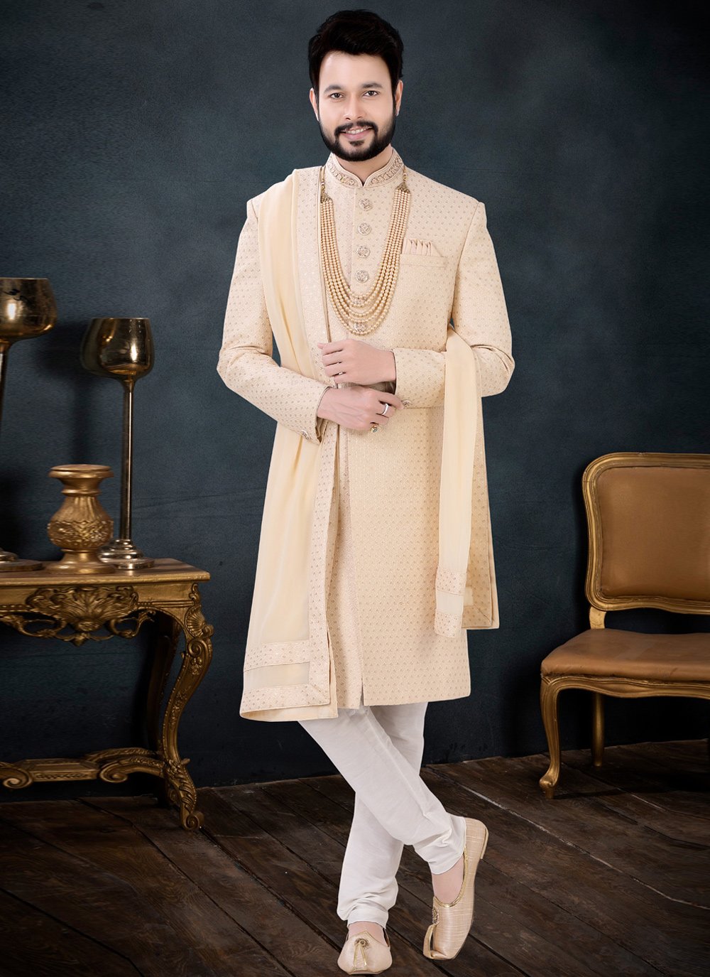 Indo Western Sherwani Silk Gold Embroidered Mens