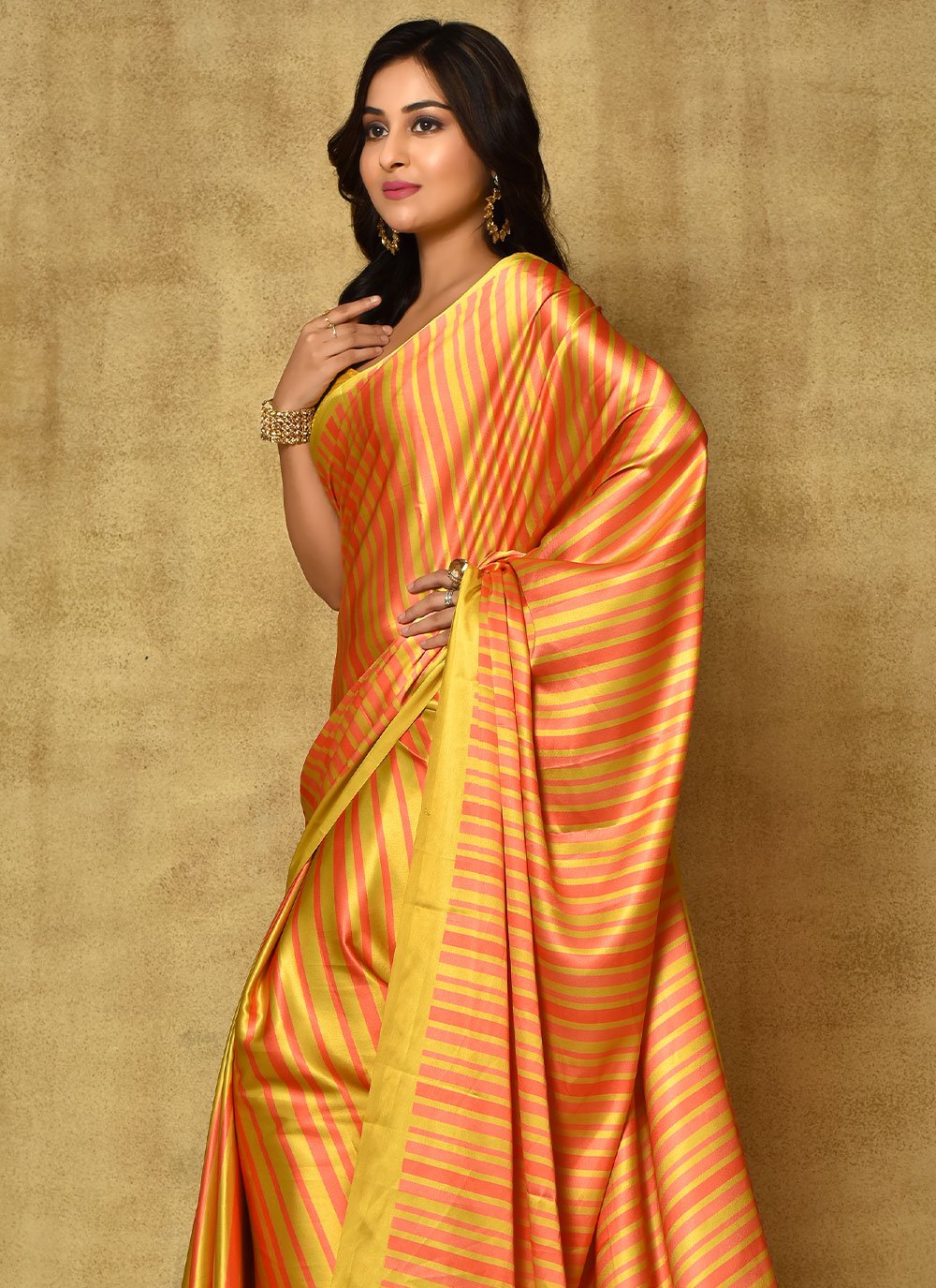 Classic Satin Gold Digital Print Saree