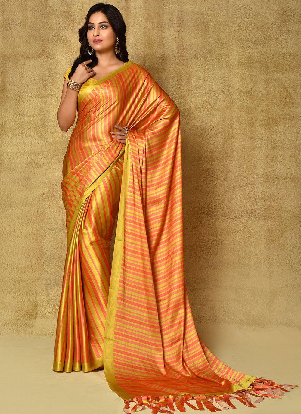 Classic Satin Gold Digital Print Saree