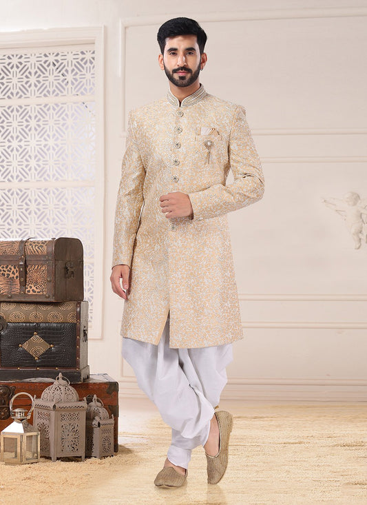 Indo Western Sherwani Silk Gold Embroidered Mens