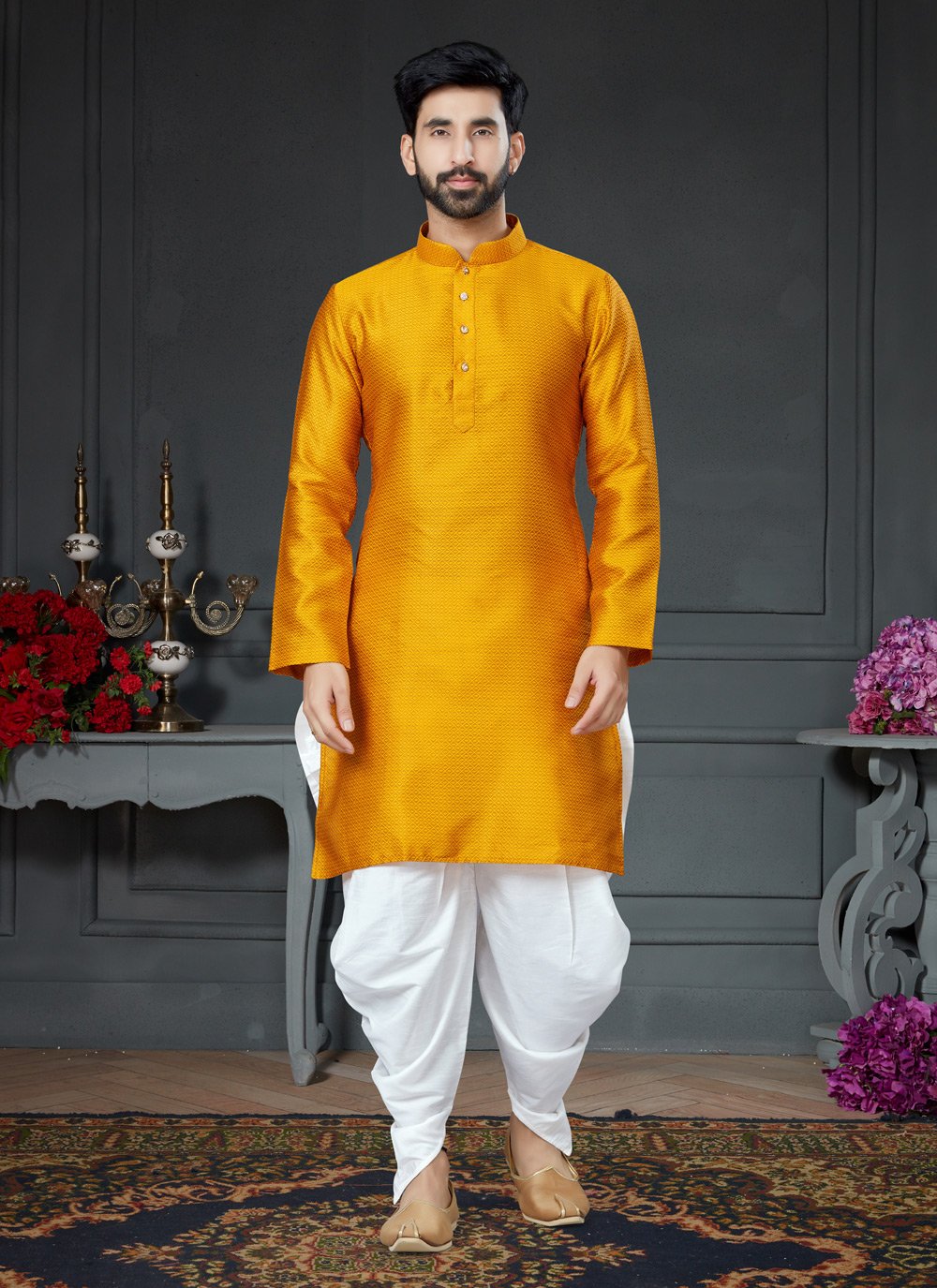 Dhoti Kurta Silk Gold Woven Mens