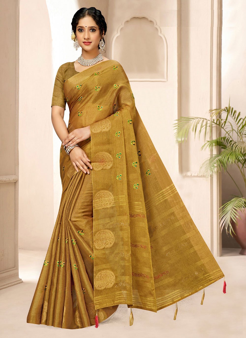 Trendy Saree Tissue Gold Embroidered Saree