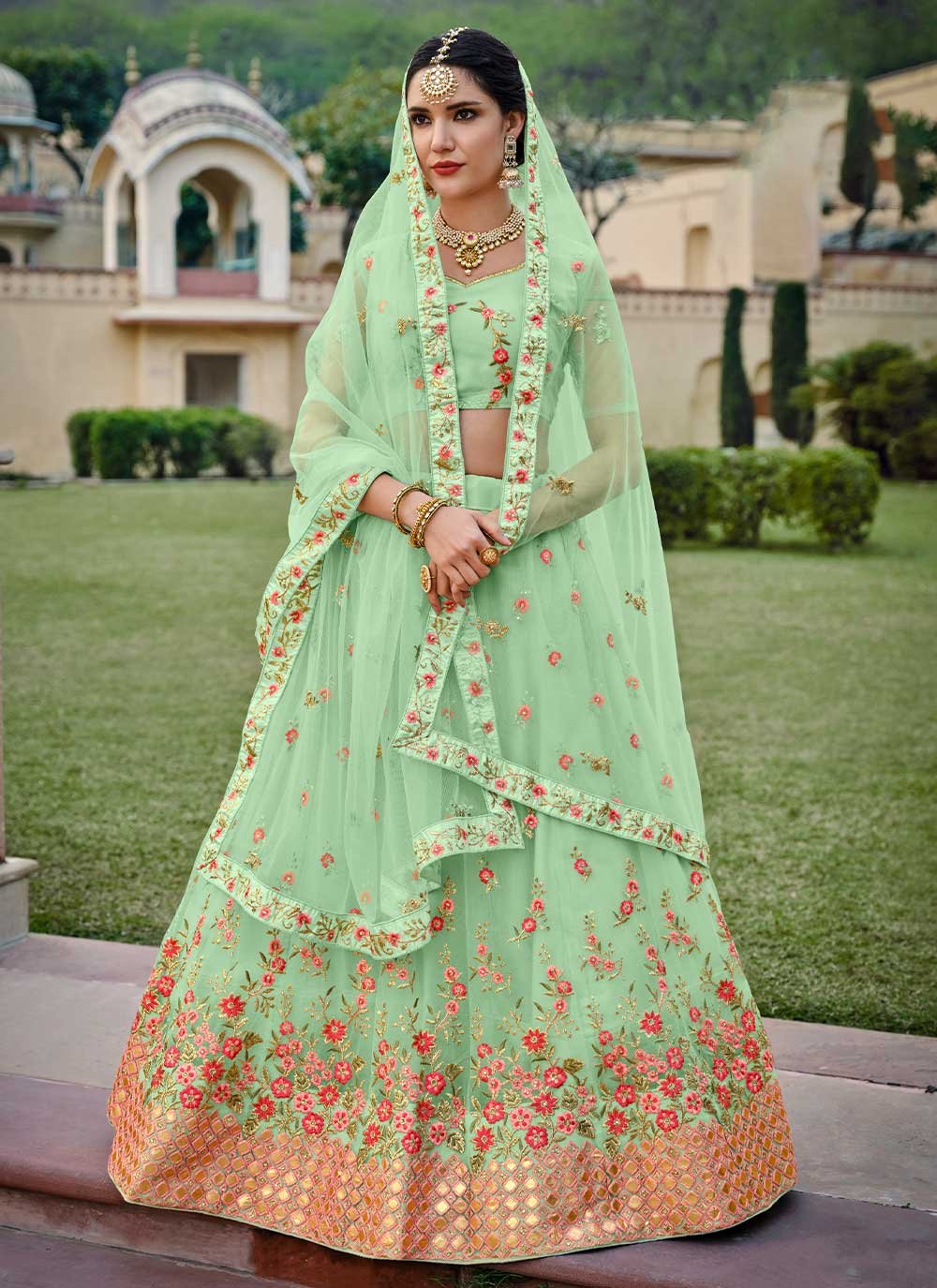 Lehenga Choli Net Green Embroidered Lehenga Choli