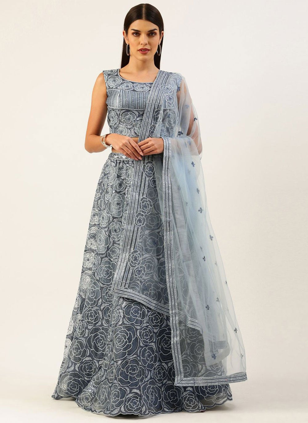 Lehenga Choli Net Grey Embroidered Lehenga Choli