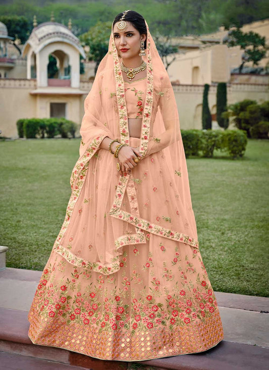 A Line Lehenga Net Peach Embroidered Lehenga Choli